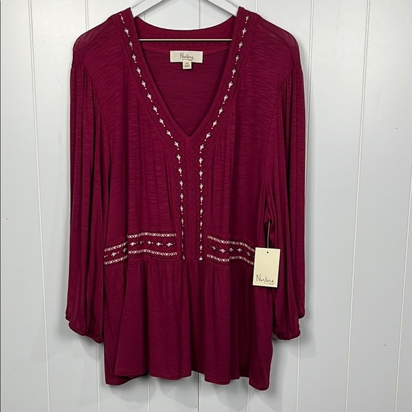 Nurture Womens Knit Tunic 2X Wine Red Pullover Embroidery Peplum Hem Soft Casual - Picture 1 of 14
